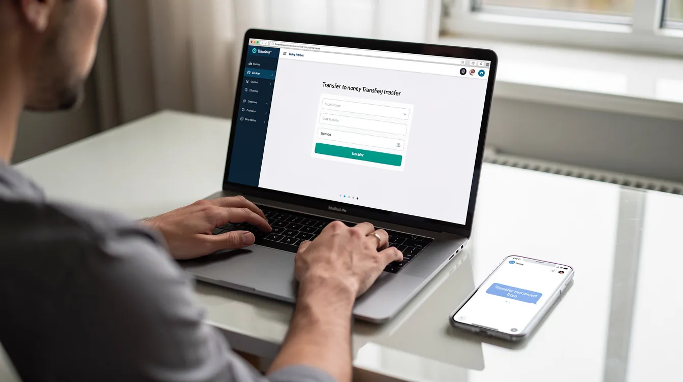 A person is seated at a desk, focused on their laptop while completing an online money transfer, with a smartphone beside them displaying a notification. The scene illustrates the ease of sending money through a bank transfer, highlighting the use of technology for secure transactions, such as those offered by Habib Metropolitan Bank for overseas Pakistanis.