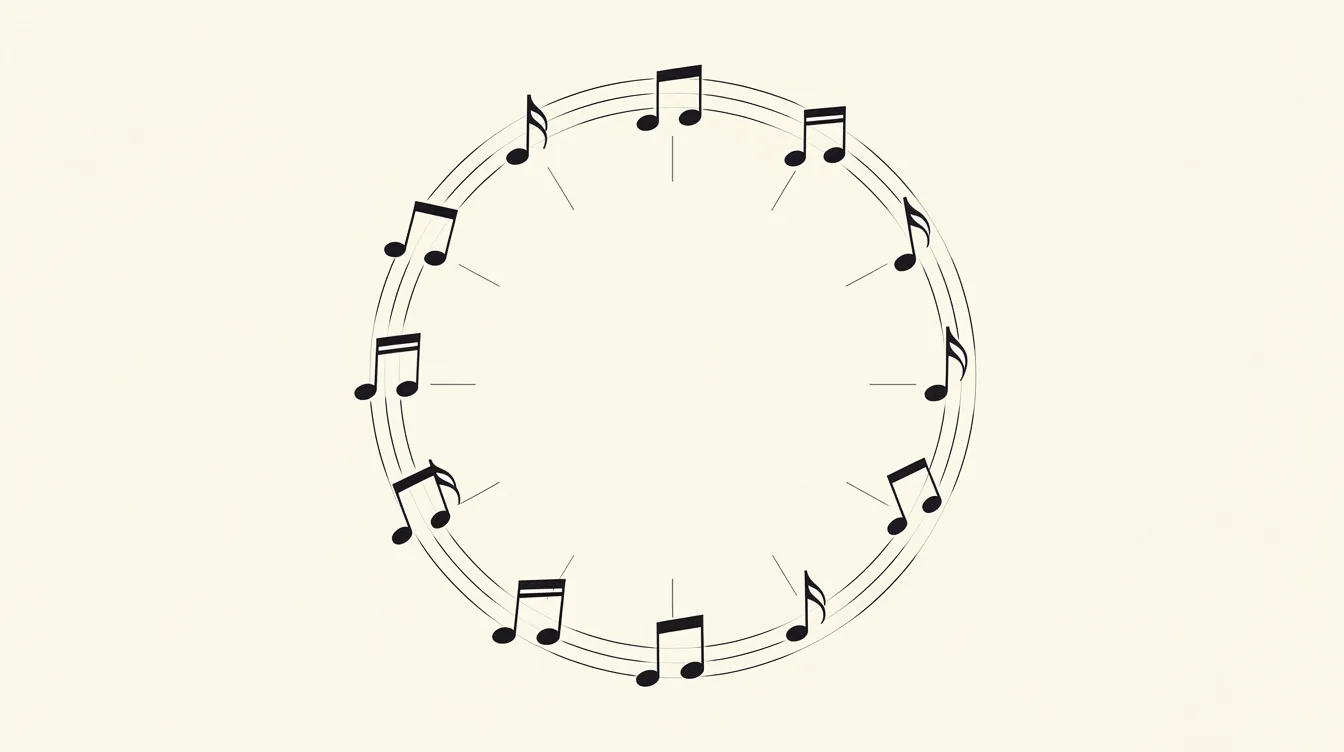 Auf einem hellen Hintergrund sind kreisförmig angeordnete Musiknoten zu sehen, die in zwölf Positionen gleichmäßig verteilt sind, ähnlich einem Zifferblatt. Diese Anordnung könnte als visuelle Darstellung des Quintenzirkels interpretiert werden, der in der Musiktheorie wichtige Beziehungen zwischen Dur- und Molltonarten zeigt.