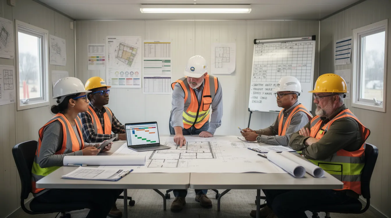 A team of construction professionals, including project managers and skilled workers, is gathered inside a job site office trailer, reviewing plans and schedules for upcoming construction projects. The meeting highlights the collaborative effort needed to address labor shortages and ensure successful project delivery in the construction industry.