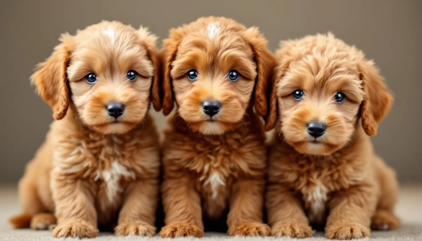 A trio of mini goldendoodle puppies showcases their adorable differences in coat types, with one having a straight coat, another with a wavy coat, and the third sporting a curly coat. These mixed breed puppies, a delightful combination of miniature poodle and golden retriever, exhibit their charming personalities and playful nature.