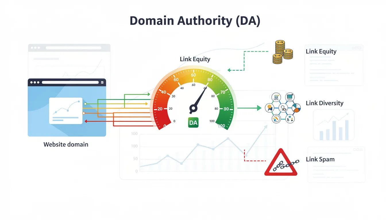 The image illustrates the concept of Moz Domain Authority (DA), a metric used to assess website authority on a scale from 0 to 100, highlighting factors like link equity and diversity. It emphasizes the importance of a good domain authority score for enhancing a website's ranking potential and organic traffic in search engine results.
