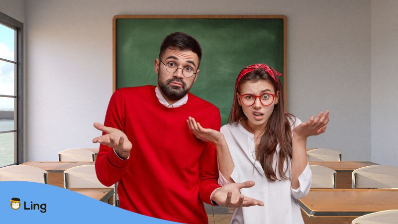 A photo of a confused man and woman about indefinite Estonian pronouns inside a classroom.