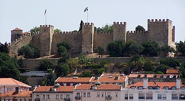 A view of Lisbon's Sao Jorge Castle with people exploring the city