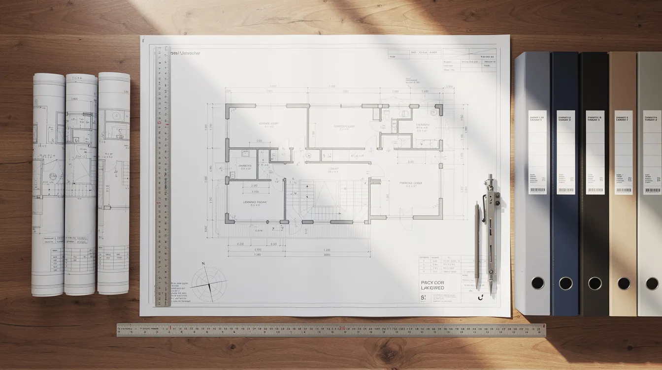 The image shows a wooden desk with neatly organized construction blueprints and project folders, indicating a professional environment focused on construction projects. This setup suggests careful planning and attention to detail, essential for managing construction contracts and warranty claims effectively.