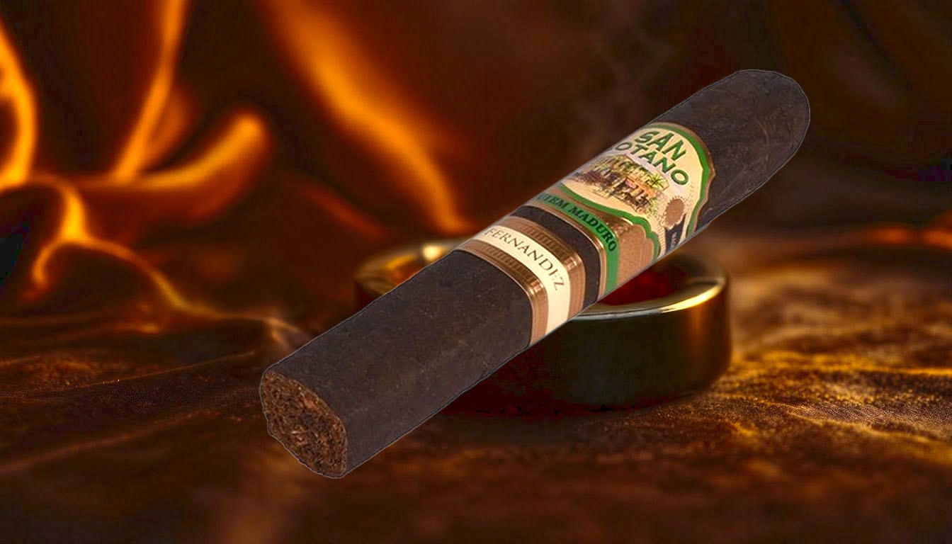 A San Lotano Requiem Maduro Toro cigar with a rich chocolate background.