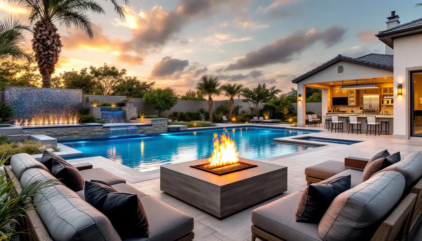 A variety of pool water features showcased in a beautiful backyard oasis, illustrating the complete guide to water features and fire features for swimming pools.