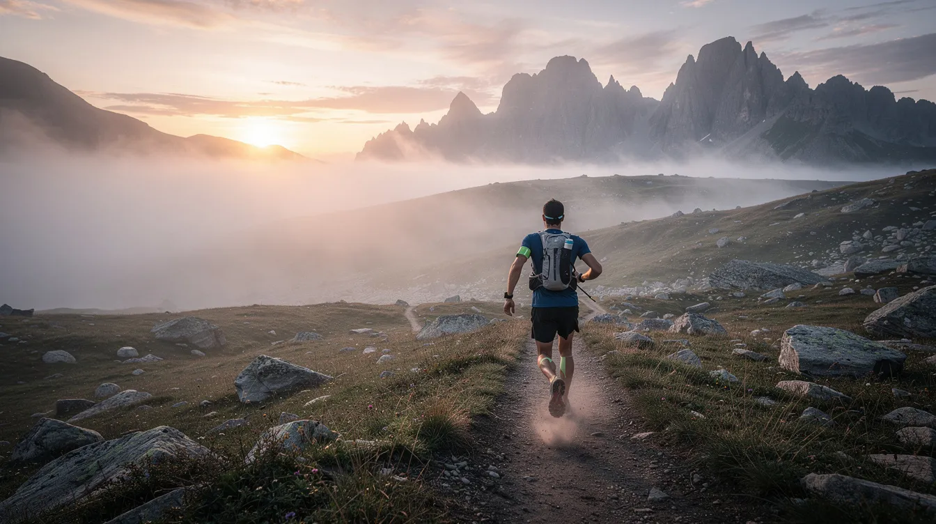 A trail runner is seen moving through a misty mountain landscape at sunrise, embodying the spirit of endurance and athletic performance. The serene yet challenging environment reflects the potential benefits of cordyceps mushrooms, known for their ability to improve oxygen utilization and enhance endurance exercise performance.