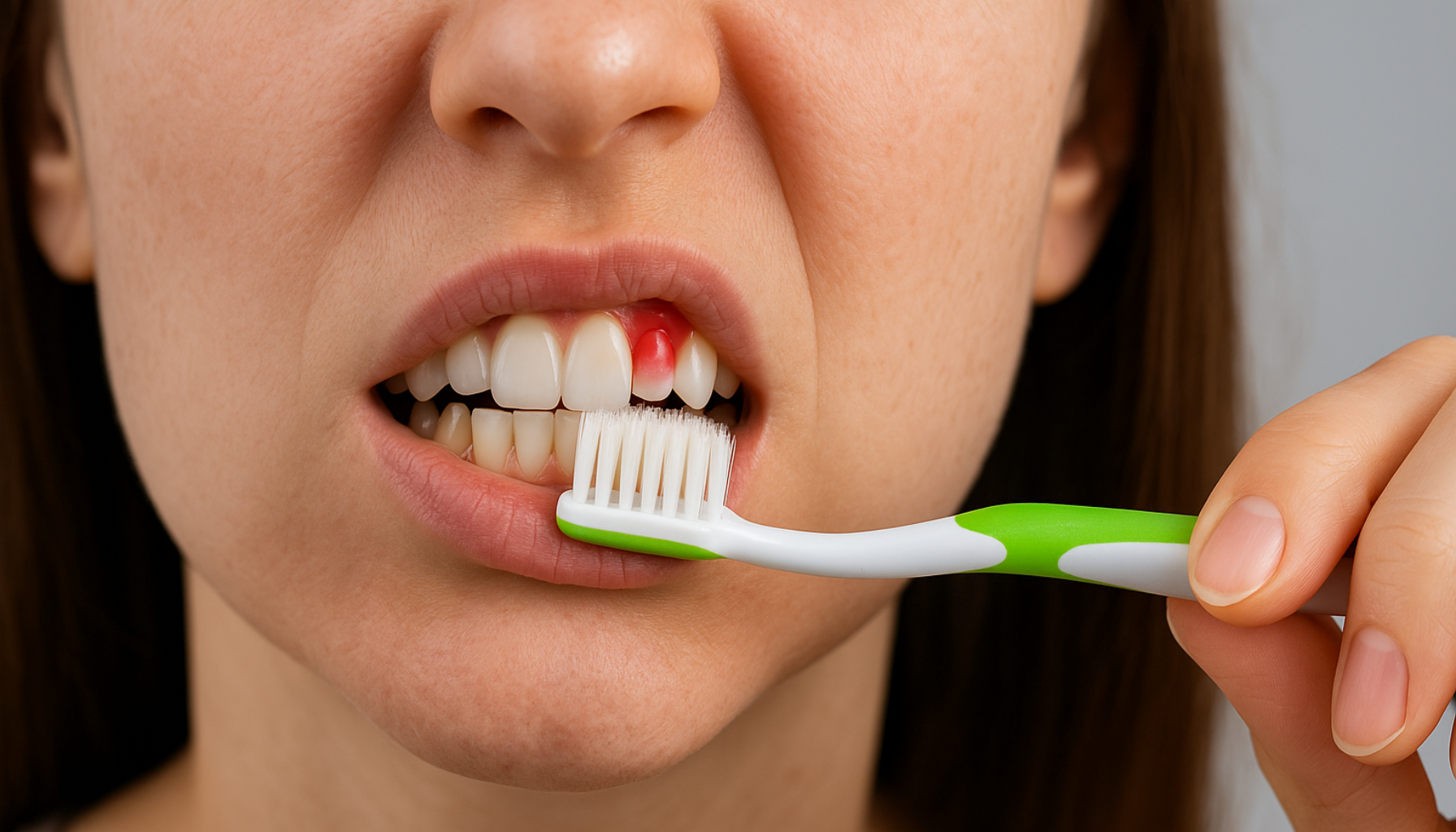 Nærbilde av kvinne som pusser tenner forsiktig med betent tannkjøtt og rød hevelse ved fortennene