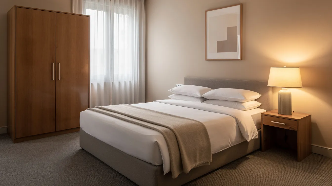 The image depicts a hotel guest room interior featuring a neatly made bed, a wooden wardrobe, and a side table with a lamp, creating a cozy and inviting atmosphere typical of quality hotel rooms. The furniture is arranged in a way that maximizes space and comfort for guests, reflecting the thoughtful design often found in luxury accommodations.