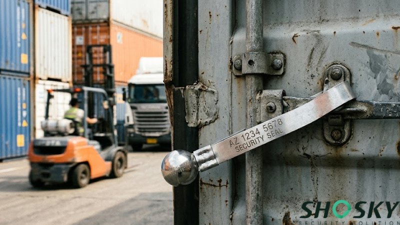 Metal security seal locked on a shipping container