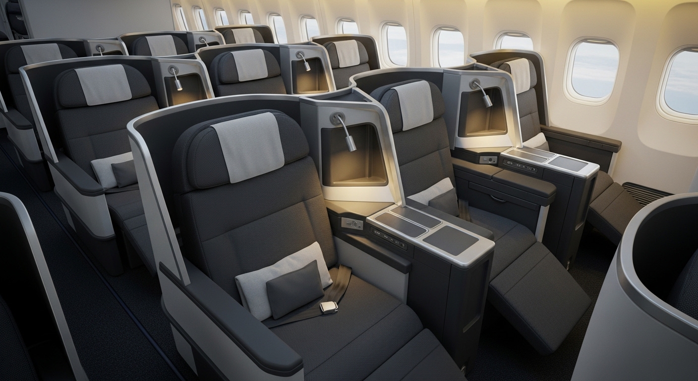 Fully flat business class seats in a 1-2-1 configuration