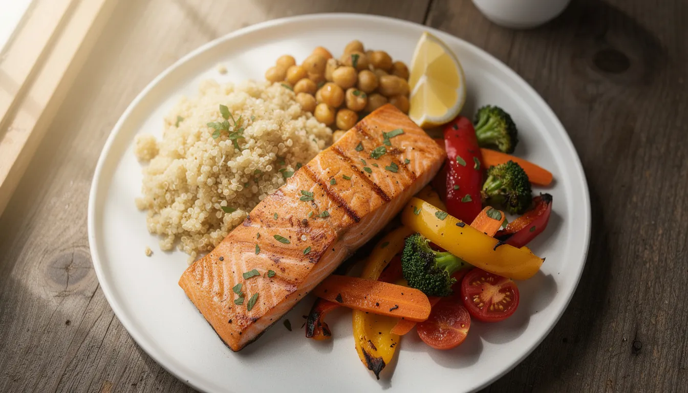 A grilled salmon fillet is served on a ceramic plate, accompanied by quinoa, chickpeas, and a vibrant mix of colorful vegetables, providing essential nutrients and promoting a balanced diet for overall health. This meal is rich in omega-3 fatty acids and vitamins, contributing to immune function and brain health.