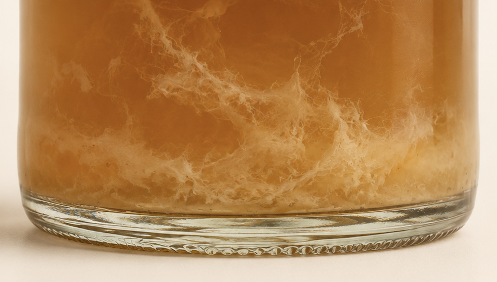 Gros plan sur une bouteille de vinaigre de cidre artisanal, où l'on peut observer des filaments troubles, témoins de la présence de la mère de vinaigre dans le liquide ambré. Ce produit naturel est apprécié pour ses bienfaits sur la santé, notamment pour la digestion et la régulation de la glycémie.