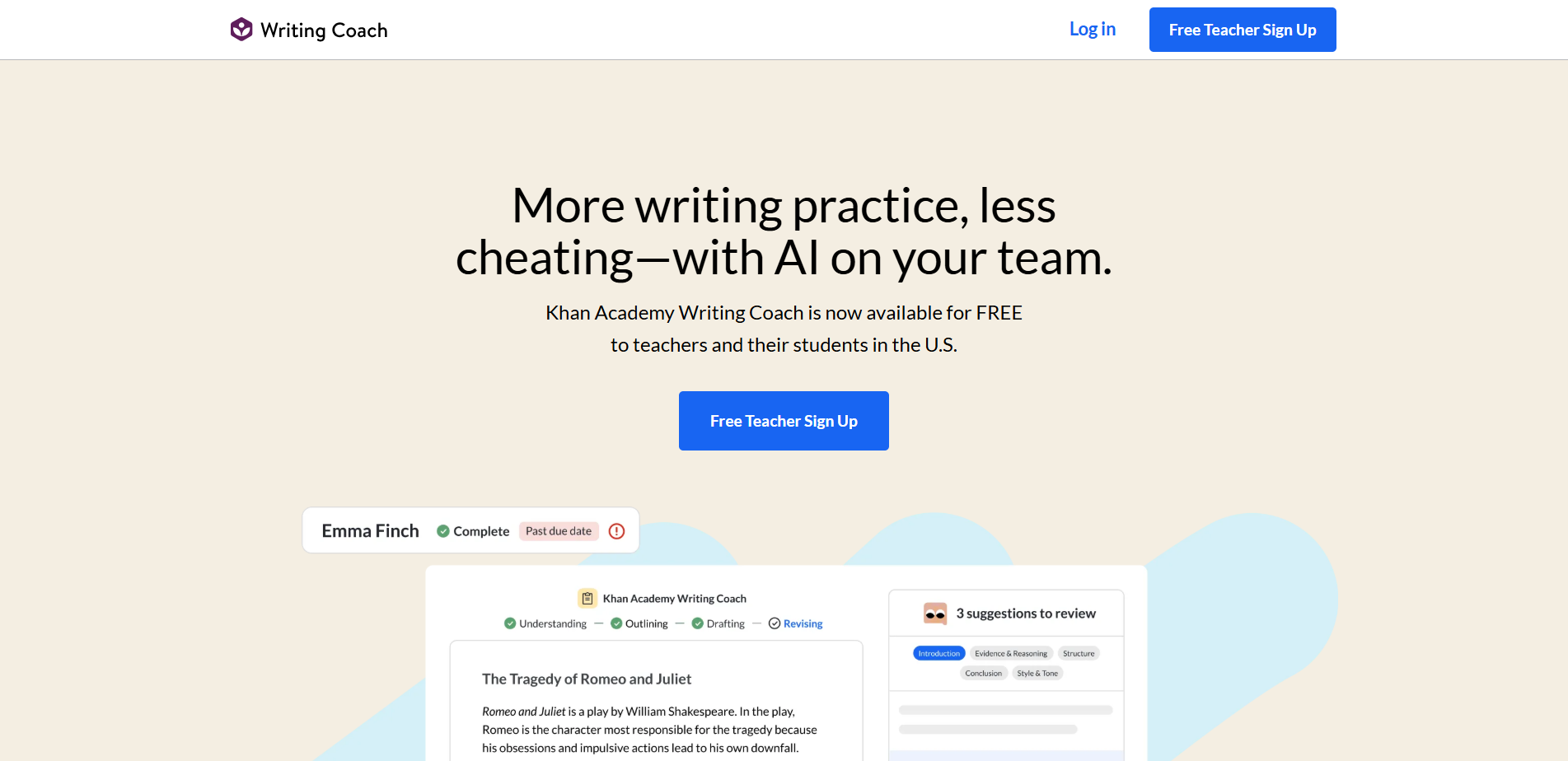 Khan Academy Writing Coach AI platform providing personalized writing feedback, revision suggestions, and guided writing instruction for students.
