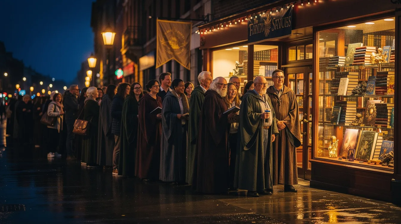 Eine lange Menschenschlange steht vor einem Buchladen bei Nacht, während viele Personen in Zaubererumhängen und mit Brillen auf die Öffnung warten. Die beleuchteten Schaufenster zeigen stapelweise Harry Potter Bücher, was eine festliche Stimmung unter den Fans der Buchreihe erzeugt.