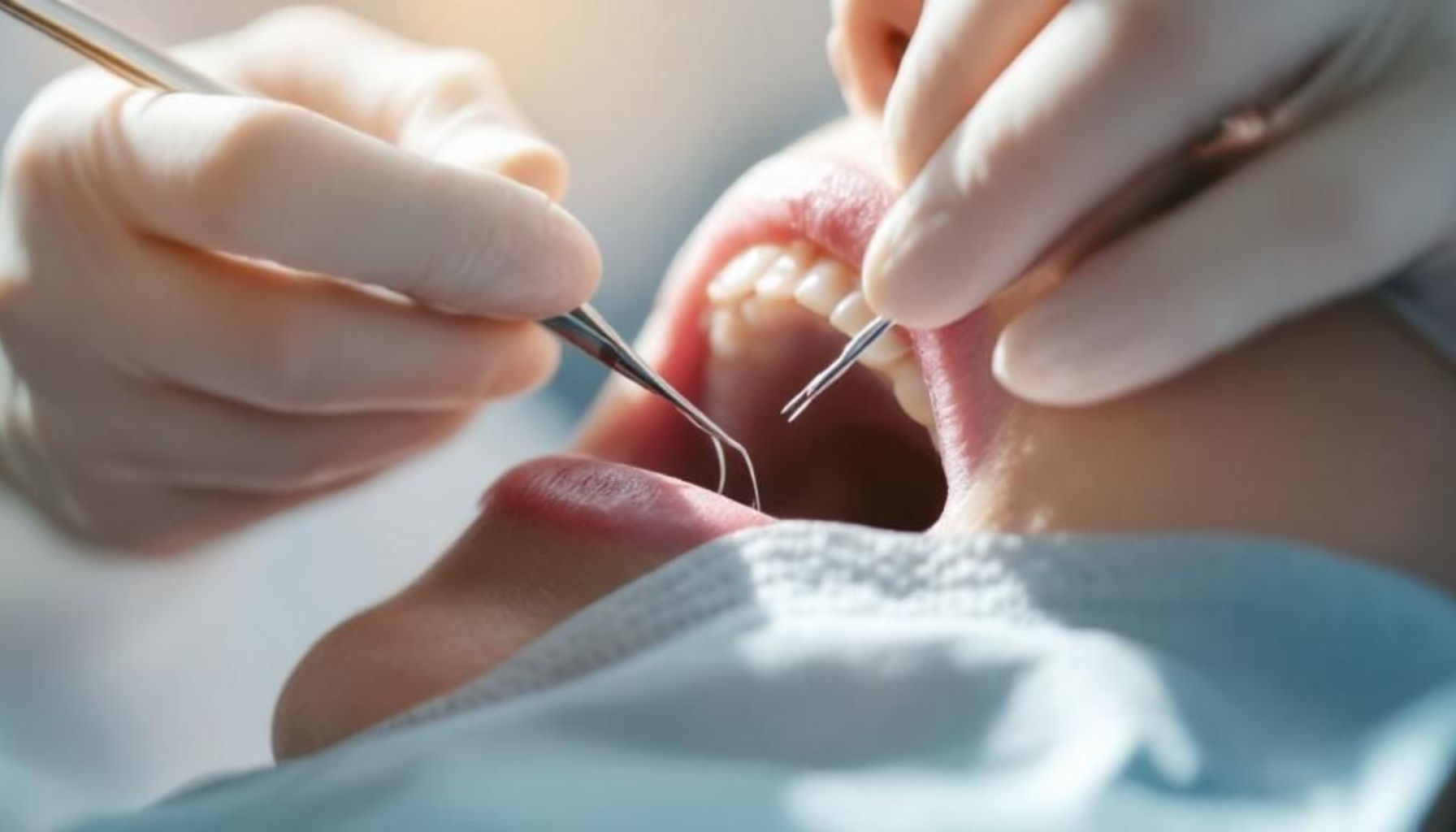 Tannlege syr sting i tannkjøtt etter kirurgisk prosedyre i munnhulen.