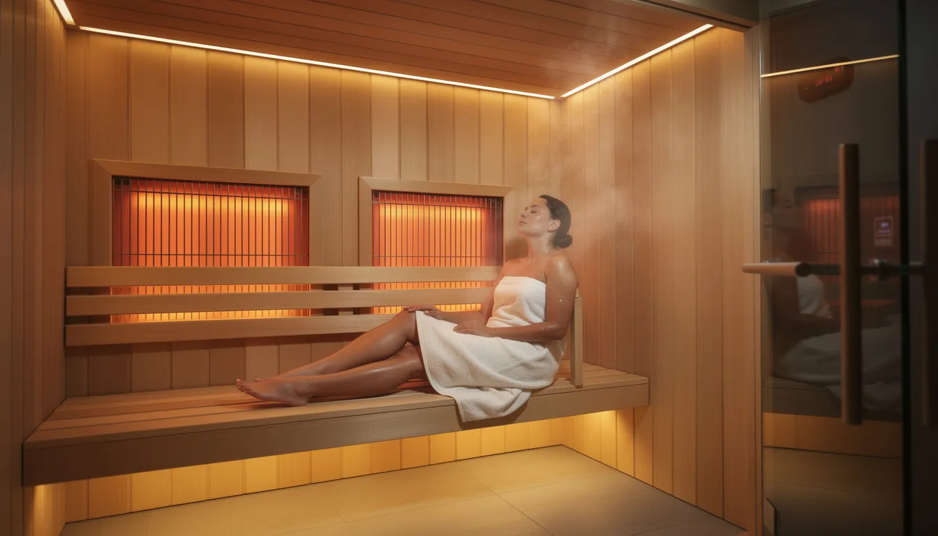A person is seen relaxing inside a modern wooden infrared sauna, surrounded by warm ambient lighting that enhances the soothing atmosphere. This infrared sauna session offers therapeutic benefits such as improved circulation, muscle recovery, and skin health through the use of red light therapy and infrared heat.