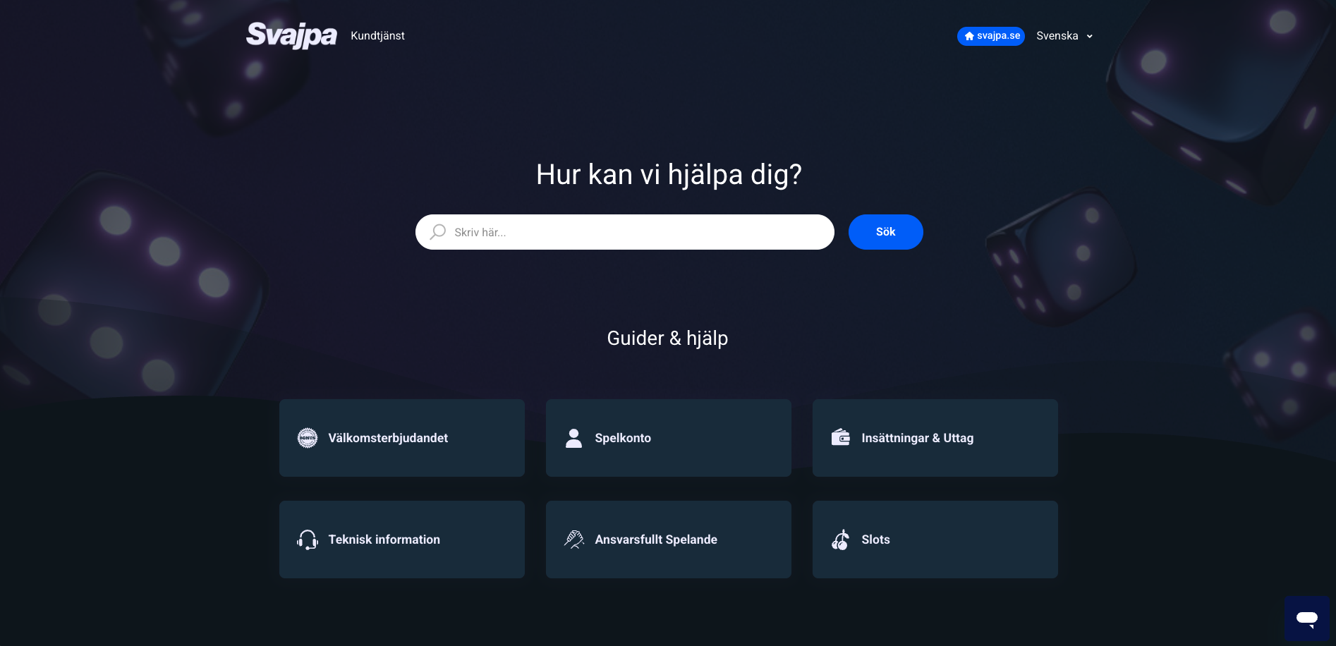 Kundtjänst hos Svajpa Casino med FAQ, livechatt och hjälp kring insättningar, uttag och ansvarsfullt spelande.