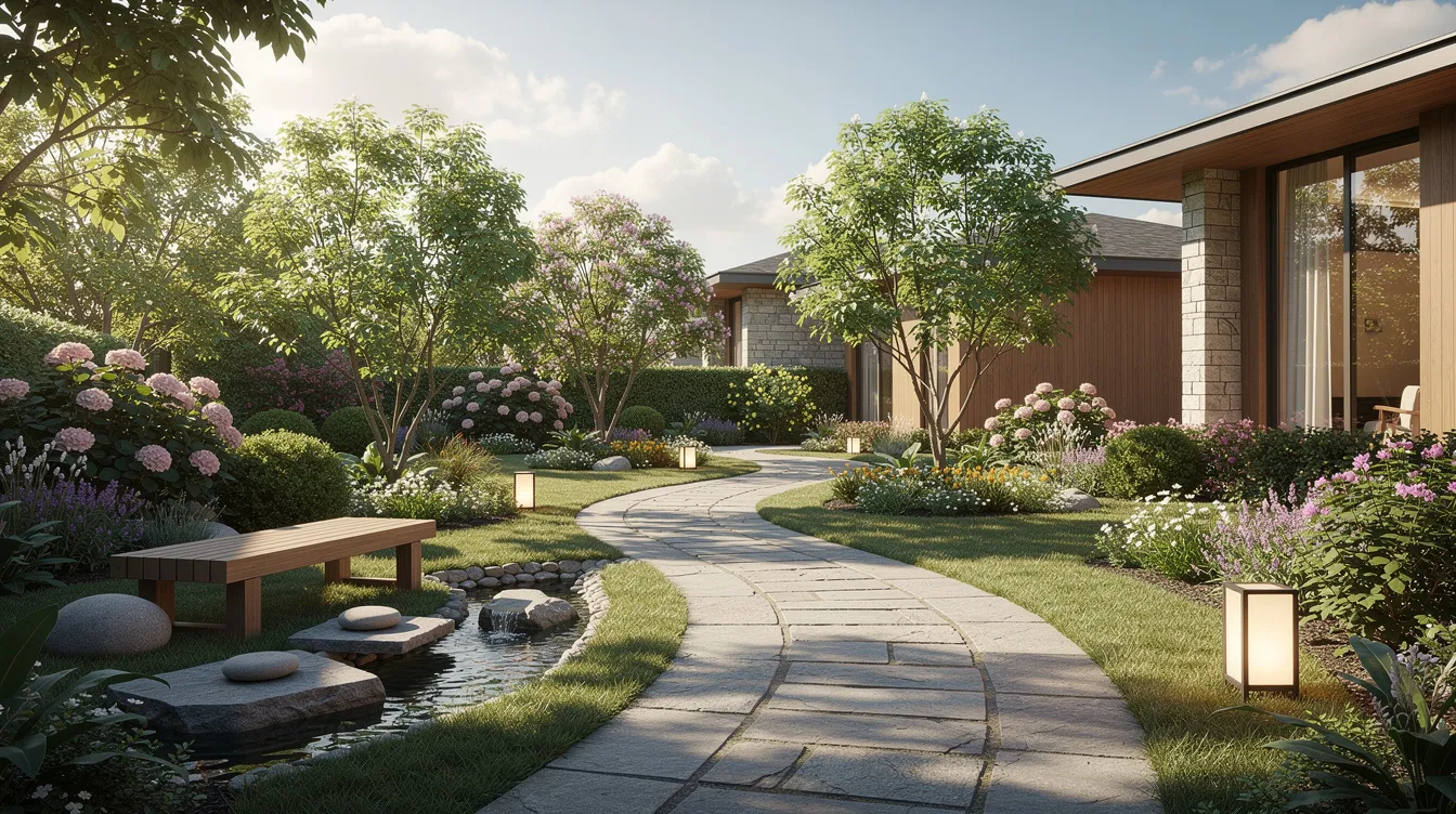 The image depicts a serene garden pathway lined with lush greenery and blooming flowers, creating a tranquil atmosphere at a wellness retreat facility. This peaceful setting is ideal for individuals seeking recovery from substance use disorders, including inhalant use disorder, as it promotes mental health and relaxation.