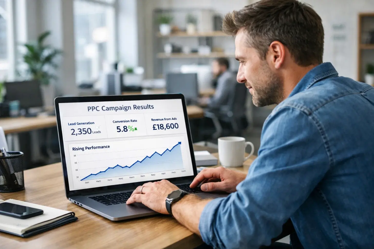 SaaS founder reviewing PPC campaign results showing revenue and lead generation growth.