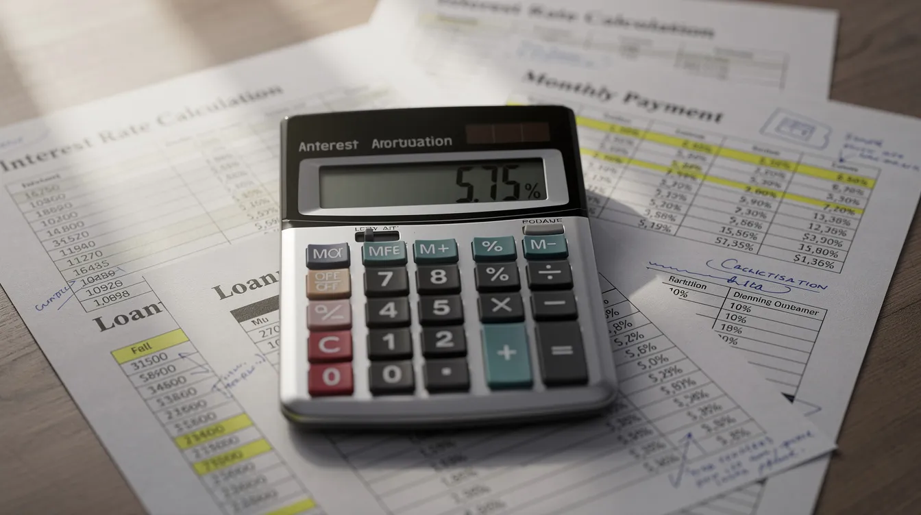 The image shows a calculator resting on top of various financial documents that detail interest rate calculations, including terms related to loans such as "實際 年 利率" and "貸款 額". These documents likely pertain to personal loans and online lending platforms, illustrating the financial assessments involved in determining repayment amounts and interest rates.