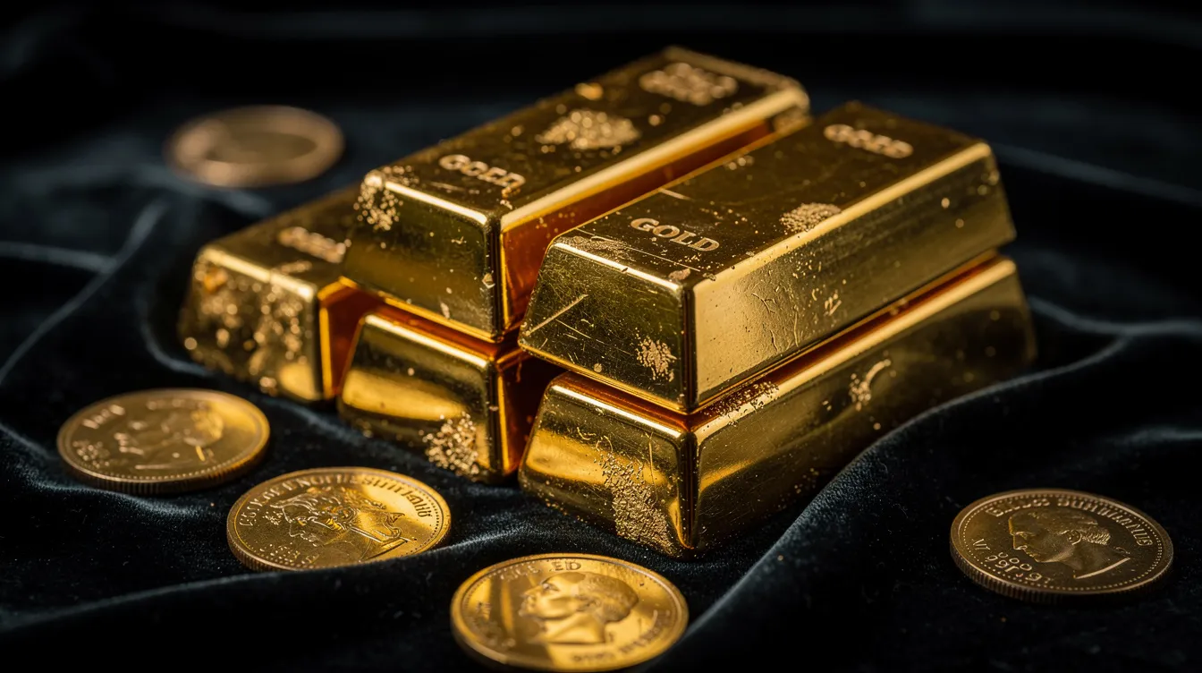 Auf einem dunklen Samttuch sind gestapelte Goldbarren und verschiedene Goldmünzen zu sehen, die den Wert und die Vielfalt von physischem Gold repräsentieren. Diese edelmetallenen Anlageobjekte sind für Anleger von Interesse, insbesondere im Hinblick auf Fragen zur Besteuerung und den aktuellen Goldpreis.