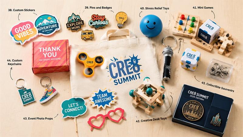 Fun and interactive event swag items including custom stickers, pins, stress toys, mini games, photo props, and collectible souvenirs