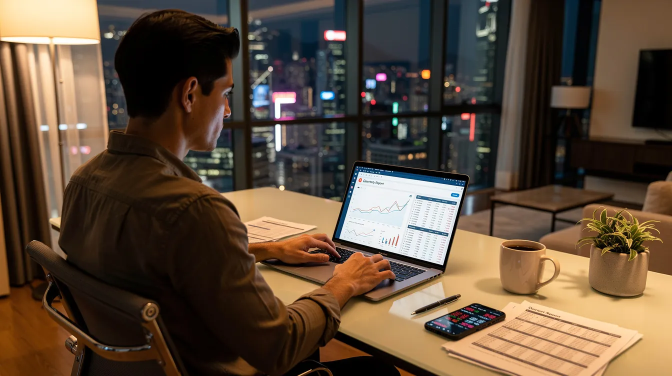 A person is seated at a desk in a modern Hong Kong apartment, focused on reviewing financial documents displayed on a laptop screen. The documents likely include details about low annual interest rates and personal loan applications, reflecting the individual's financial planning efforts.