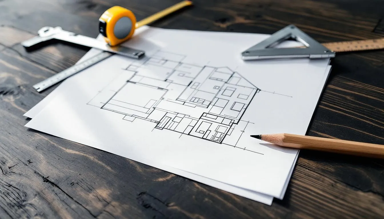 L'image montre un plan architectural détaillé, accompagné d'outils de mesure et d'un crayon, illustrant le savoir-faire d'un charpentier à Nantes. Ce projet de construction met en avant des éléments de charpente traditionnelle, soulignant l'importance de la précision dans la mise en place des structures en bois.