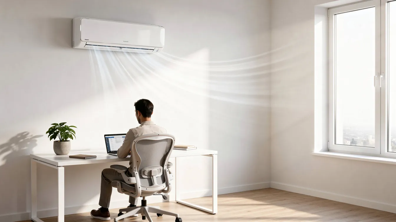 A bright modern home office features a wall-mounted inverter air conditioner quietly maintaining a comfortable temperature as a person works at a desk by the window. The energy-efficient unit ensures consistent cooling and lower energy bills, creating an ideal workspace.