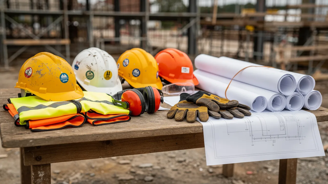 The image features hard hats and safety gear neatly arranged on a worksite table alongside rolled blueprints, highlighting the essential resources needed for compliance with prevailing wage requirements in the construction industry. This setup emphasizes the critical focus on safety and planning, which are vital for the project's success and helps mitigate potential risks and project delays.