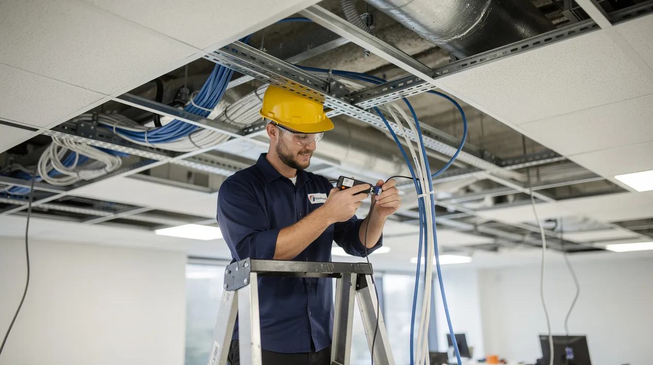 A professional technician is seen installing cables in a ceiling space, ensuring proper setup for a DSTV system. This expert service is part of the accredited DSTV installation services available in Bergvliet, aimed at providing optimal performance and uninterrupted entertainment.