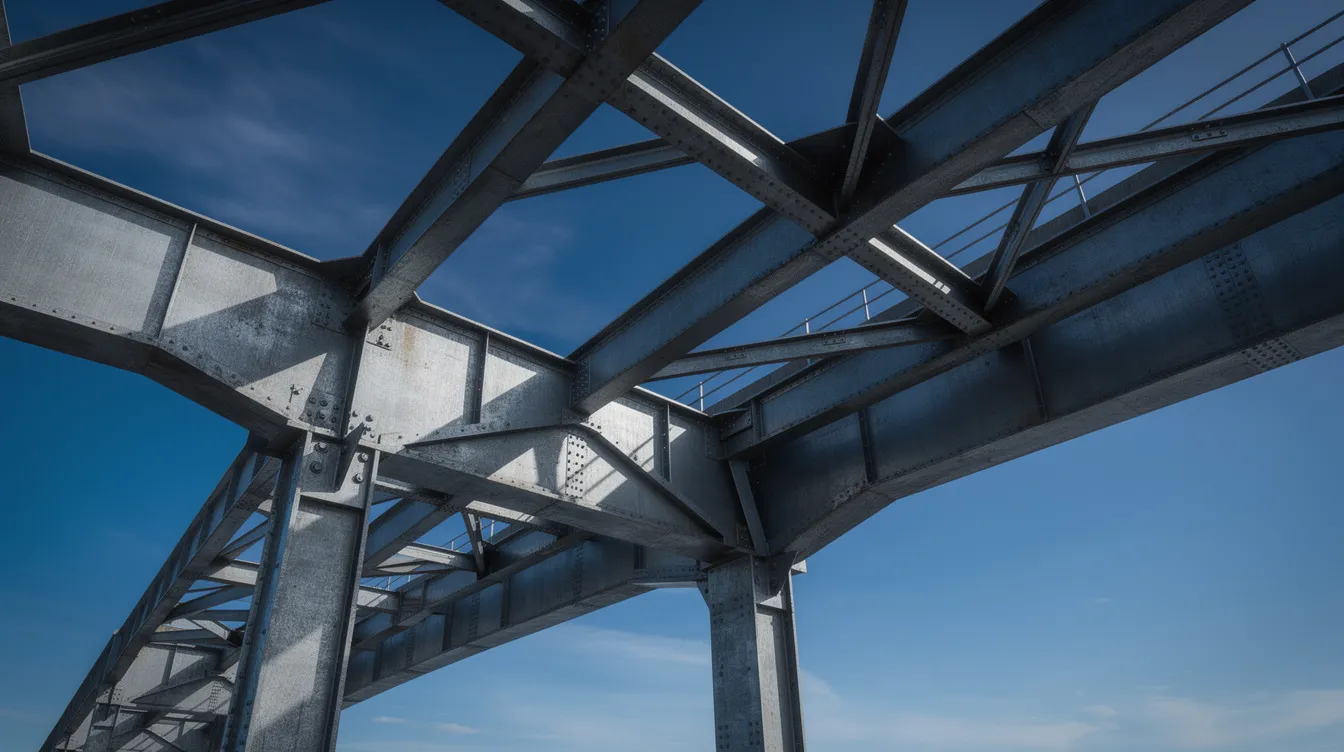 The image depicts a large steel bridge structure featuring prominent I-beams and girders, set against a clear blue sky. This robust construction showcases the use of hot rolled steel, known for its mechanical strength and ability to form precise shapes, essential in bridge engineering.