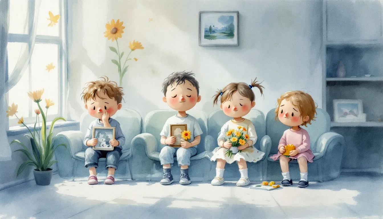 Ein Bild, das zeigt, wie Kinder mit Trauer umgehen, mit symbolischen Elementen, die Kindlichkeit und Emotionen darstellen.