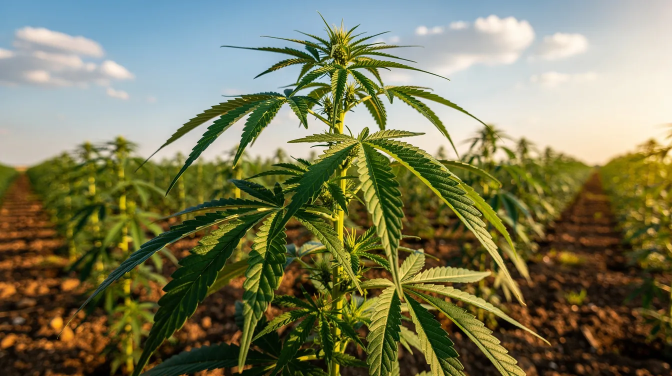 The image depicts a vibrant green hemp plant thriving in an open agricultural field, basking under clear sunny skies. This industrial hemp, a variety of the cannabis plant, is cultivated in accordance with South Dakota law, highlighting the state's growing interest in hemp-derived products and cannabinoids.