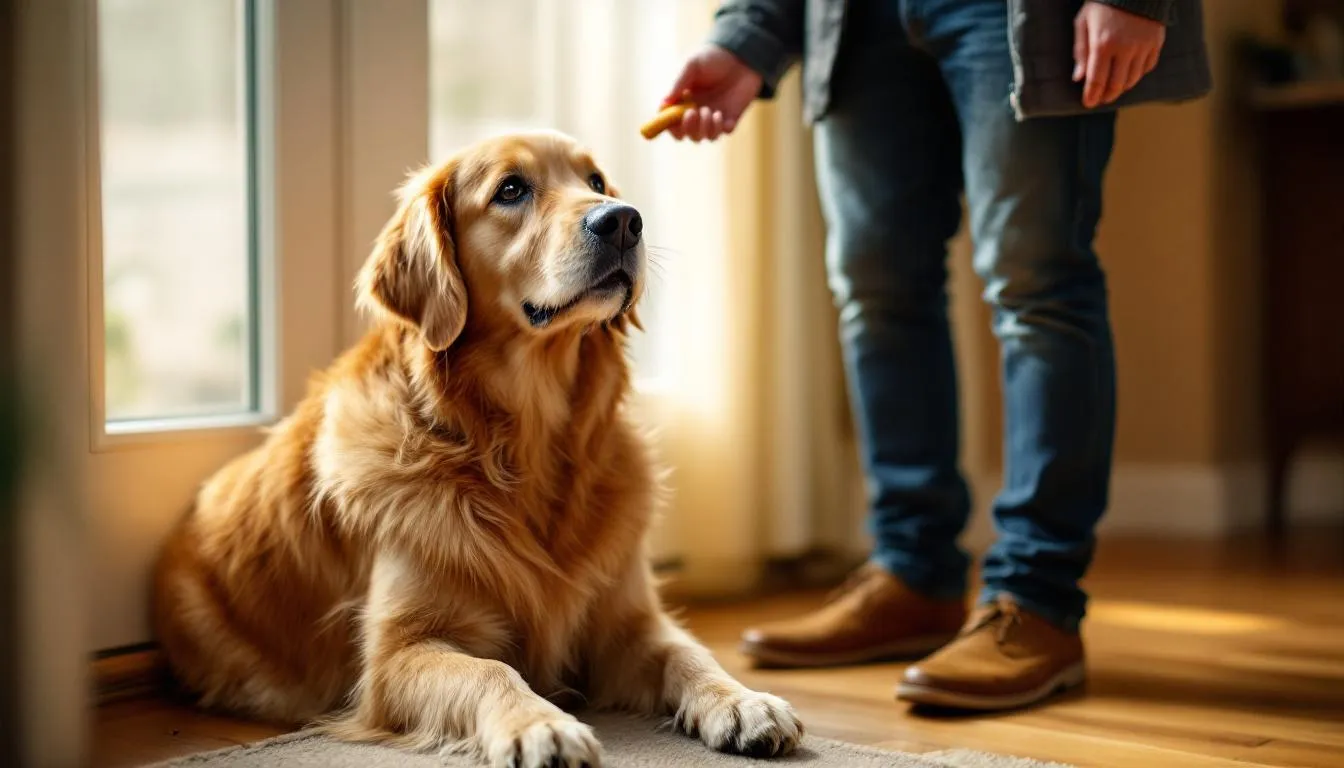 In the image, a calm dog is greeting a visitor with all four paws on the floor, while its owner rewards the dog