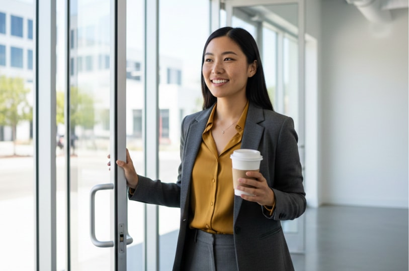 A smiling woman in a grey suit and yellow blouse holds a coffee cup while opening a glass door to an office.