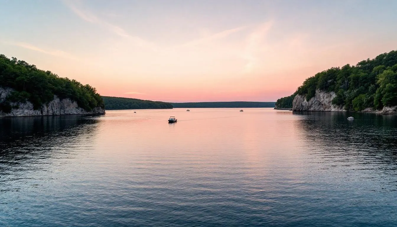 The image depicts the serene beauty of Lake of the Ozarks, showcasing its calm waters surrounded by lush greenery and rolling hills. This picturesque setting is ideal for families and individuals seeking insurance solutions to protect their homes, businesses, and personal belongings in the Ozarks area.