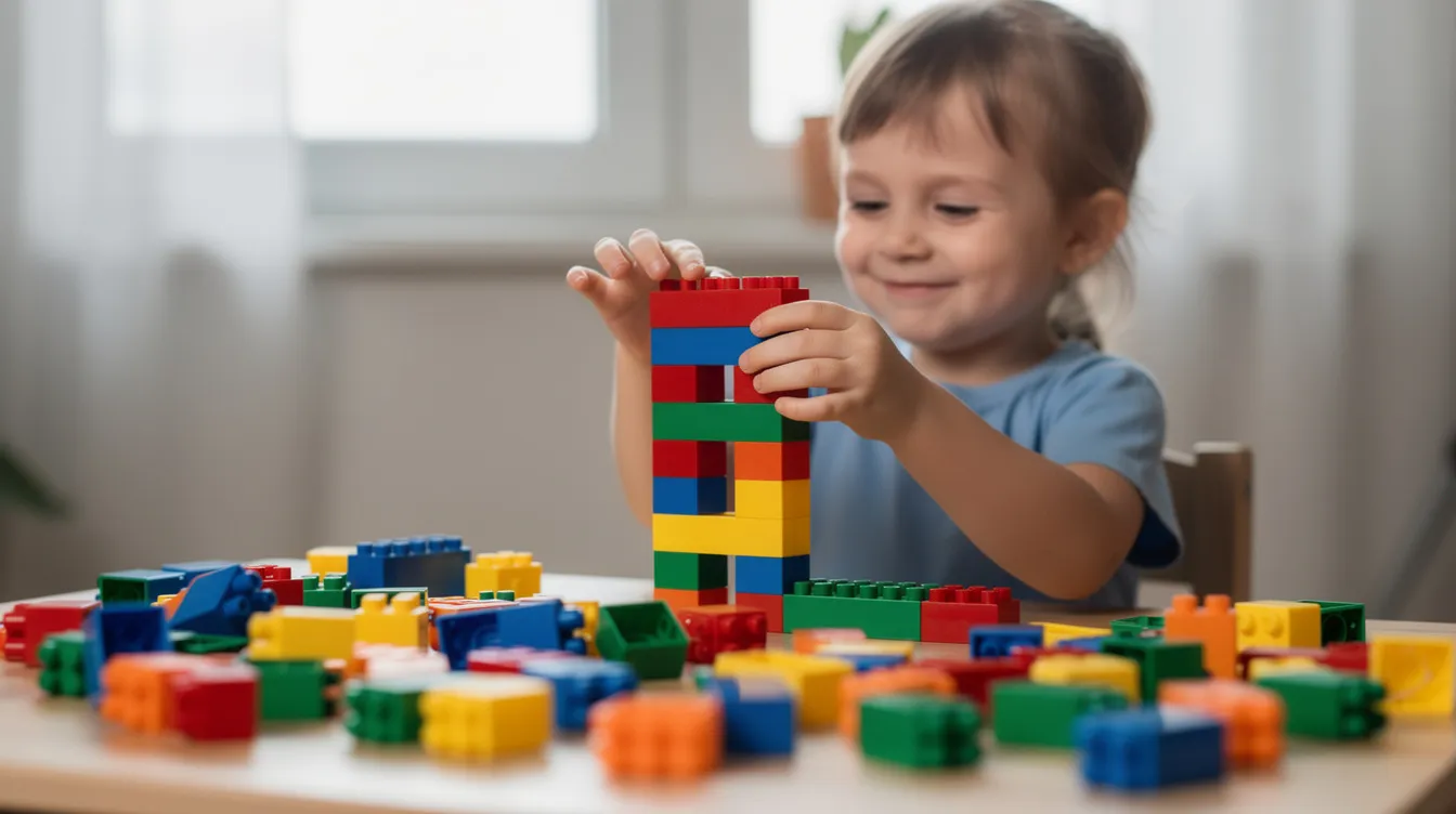 A smiling child, focused and content, is engaged in building with colorful blocks at a table, showcasing the joy of learning in a supportive school environment. This scene reflects how many autistic children thrive when given the opportunity to develop their skills at their own pace within a mainstream school setting.