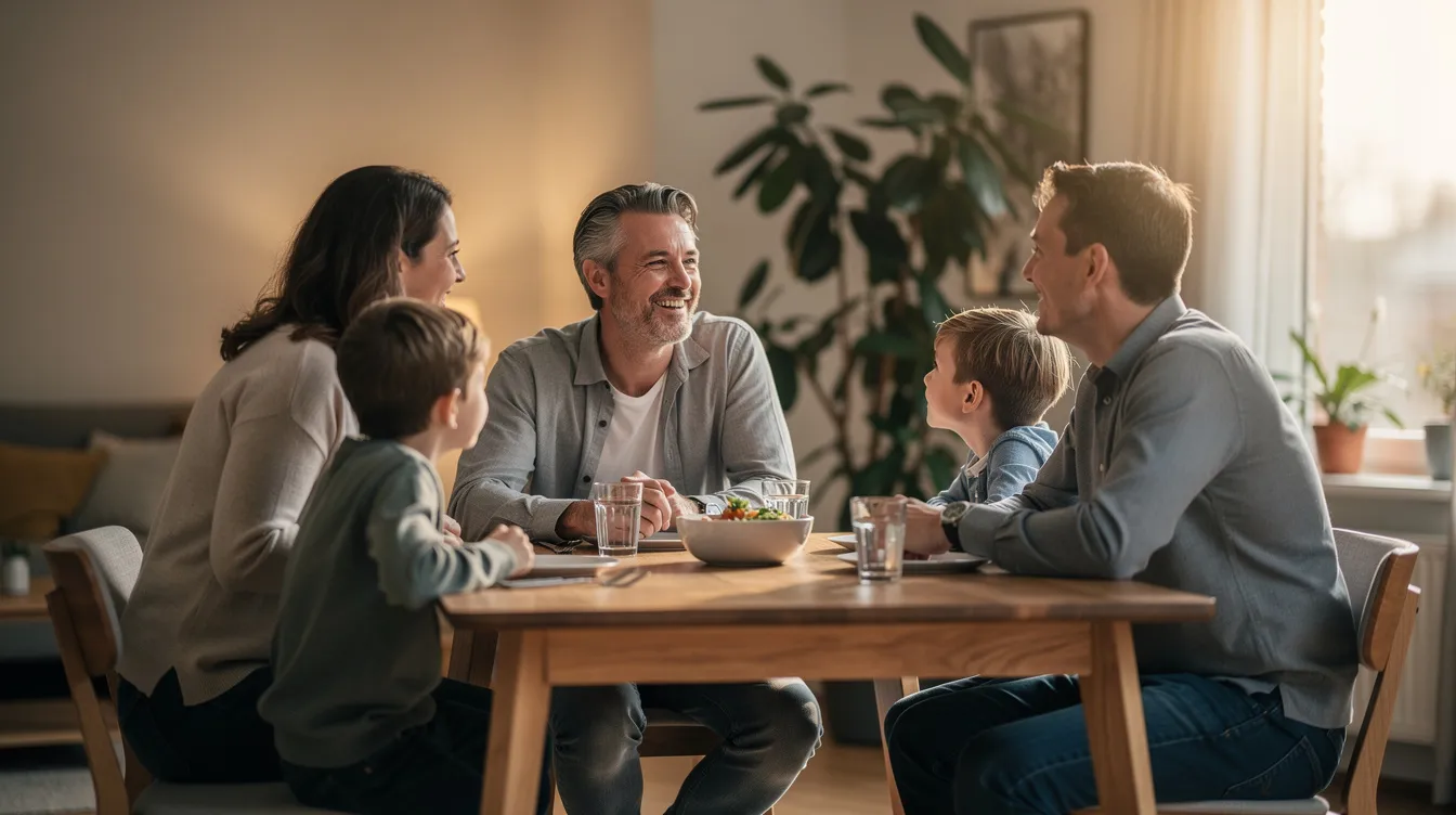 Een gezin zit aan een eettafel en heeft een ontspannen gesprek, waarbij de ouders en hun twee zonen genieten van elkaars gezelschap. De sfeer is warm en gezellig, met een focus op liefde en vriendschap, wat belangrijk is in hun leven.