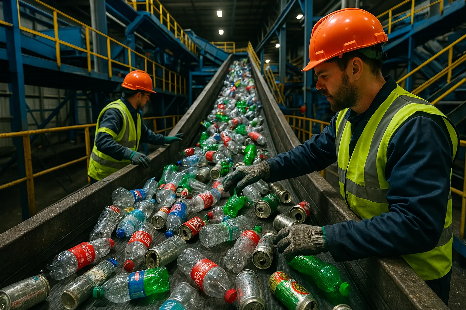 Plastic bottles and metal cans moving along conveyor belts at a UK recycling centre, being prepared for reuse.