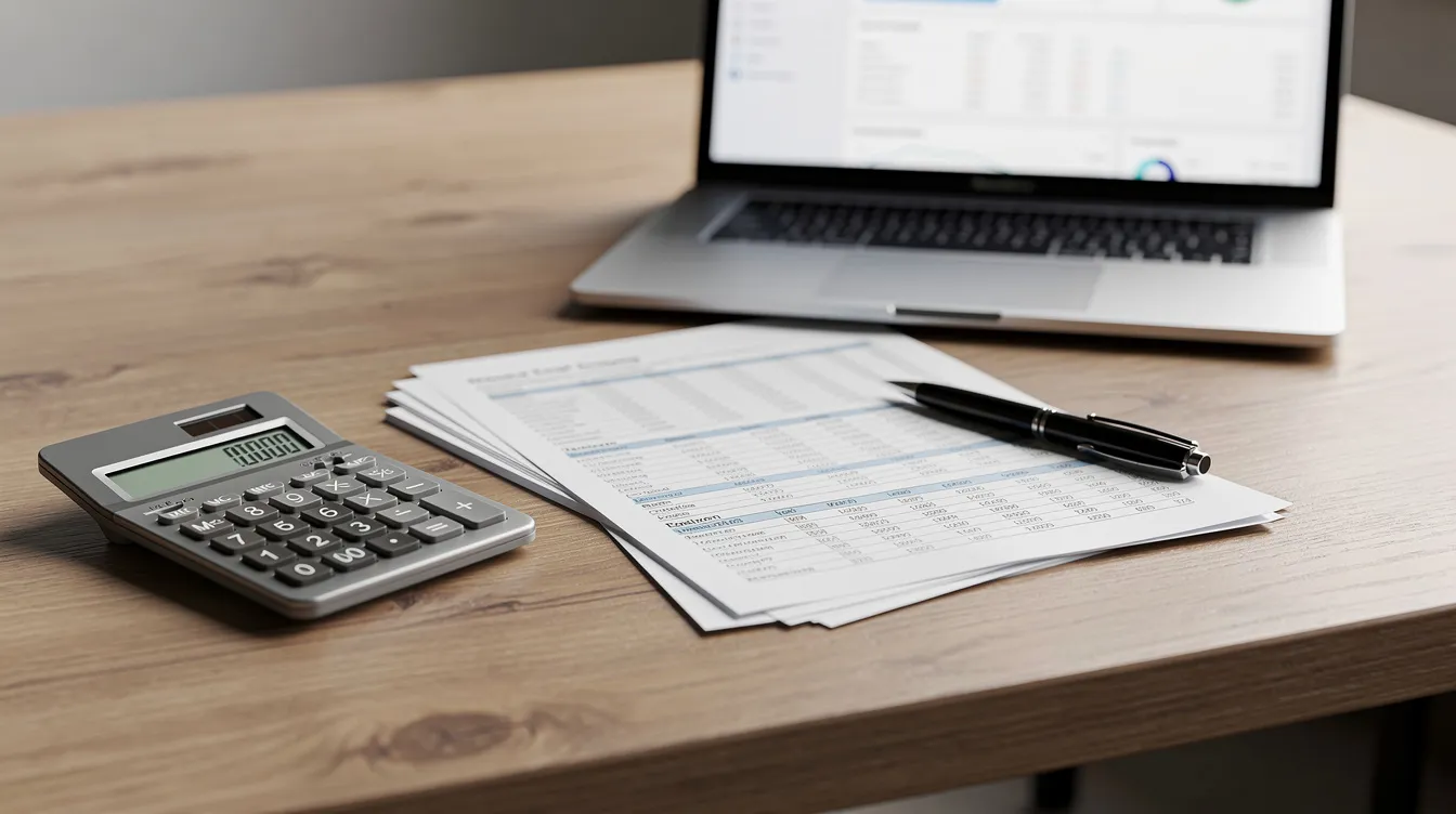 The image depicts a calculator alongside various financial documents on a wooden desk, with a laptop in the background, illustrating the process of managing loan balances and gap financing for real estate transactions. This setup suggests a focus on financial planning, cash flow management, and the importance of understanding costs and repayment plans.