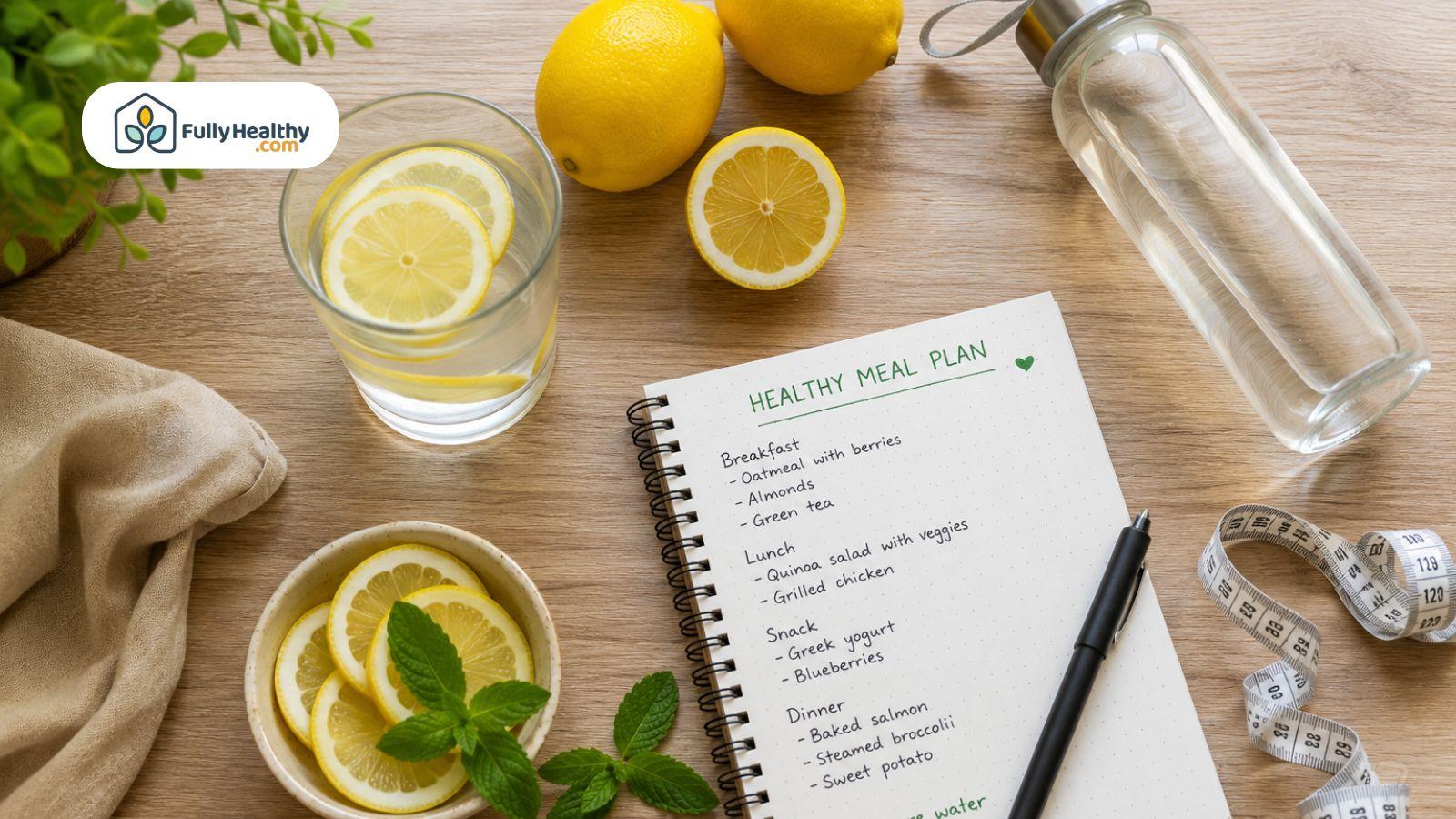 Healthy meal plan with lemon water supporting balanced eating and hydration