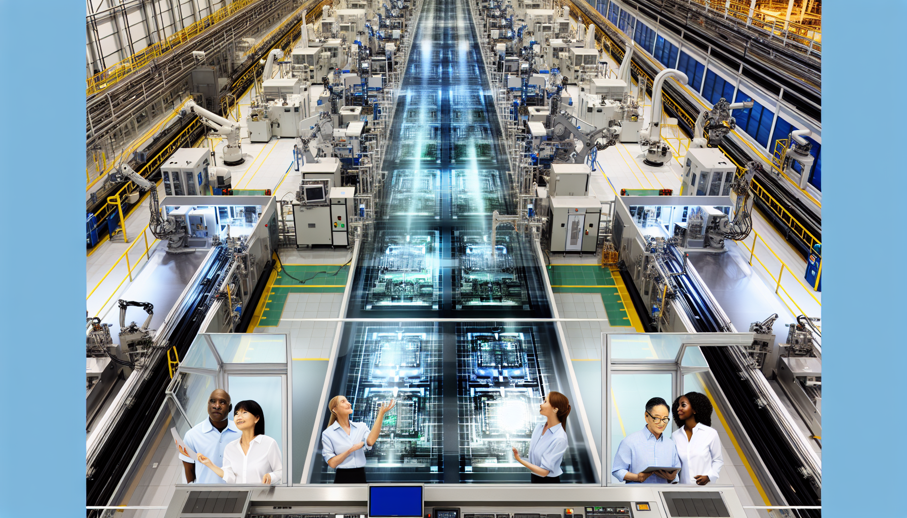 Aerial view of a semiconductor manufacturing facility with production lines and machinery