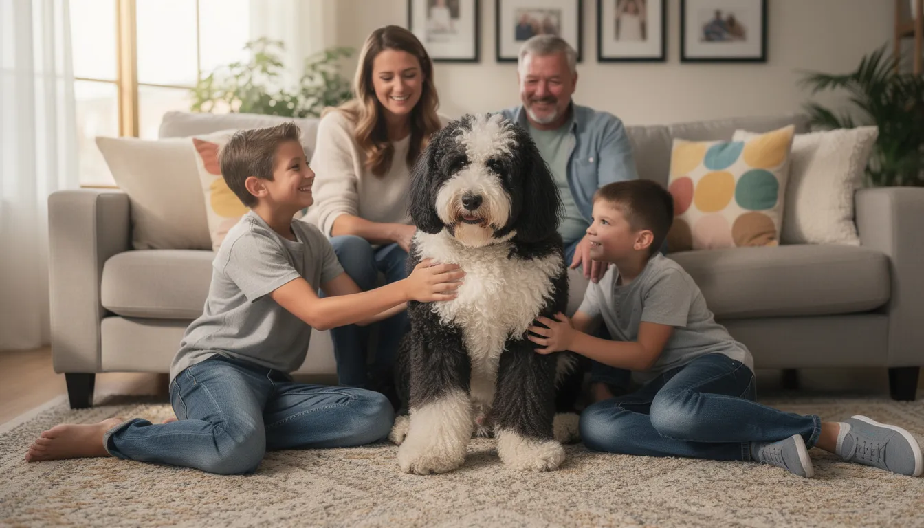 A fluffy black and white Sheepadoodle sits happily with a family in their cozy living room, showcasing its teddy bear-like appearance and affectionate nature. This family dog, known for its playful temperament and love for children, embodies the best qualities of both the Old English Sheepdog and the Poodle.