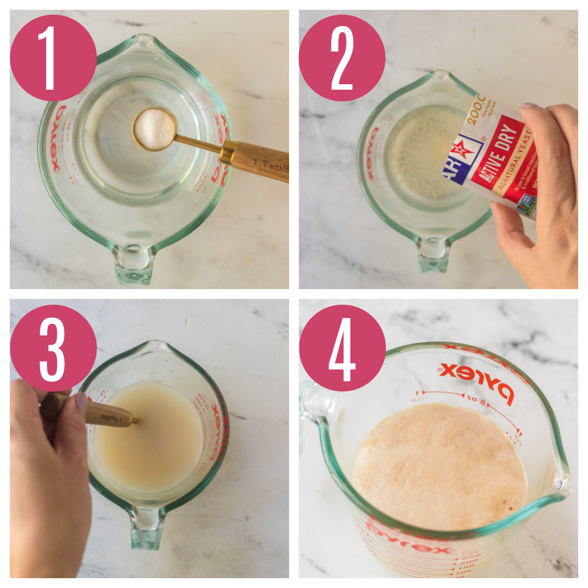 four step by step photos of how to proof yeast