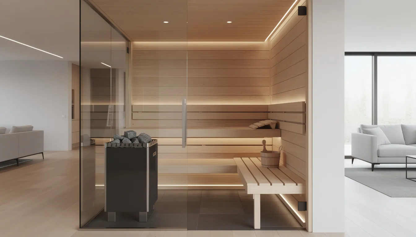The image showcases a modern sauna installation within a contemporary home, featuring clean lines and natural materials like cedar and spruce. Large windows allow for natural light, enhancing the serene atmosphere of this home spa designed for relaxation and health benefits.