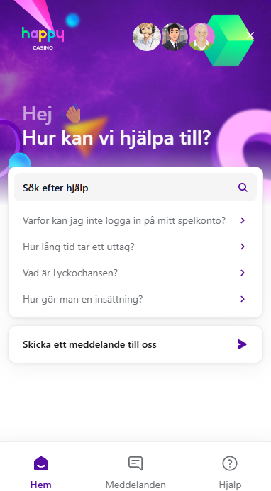 1. Happy Casino kundtjänst med sökfunktion, vanliga frågor och möjlighet att skicka ett meddelande.
