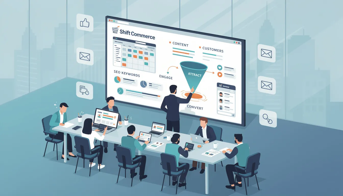 The image illustrates a comprehensive content strategy designed to enhance shift commerce for ecommerce sites, focusing on search engine optimization techniques such as keyword research, internal links, and optimizing product pages to improve organic traffic and search rankings. It highlights the importance of creating high-quality content and utilizing tools like Google Search Console and Google Keyword Planner to attract potential customers through effective SEO campaigns.