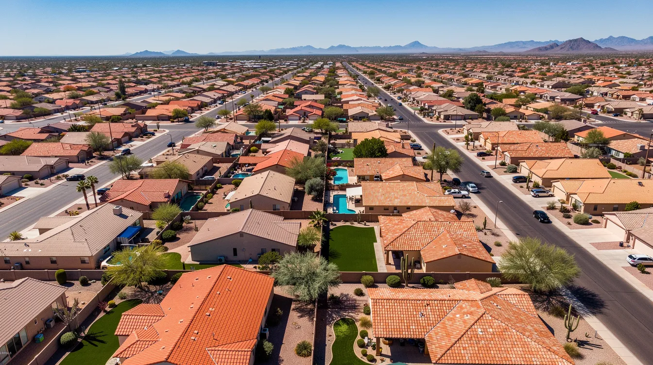 The image shows an aerial view of a residential neighborhood in Phoenix, Arizona, featuring rows of terracotta tile roofs. The layout highlights the distinct tile roof types, showcasing their unique aesthetic and potential for roof inspection and underlayment replacement.